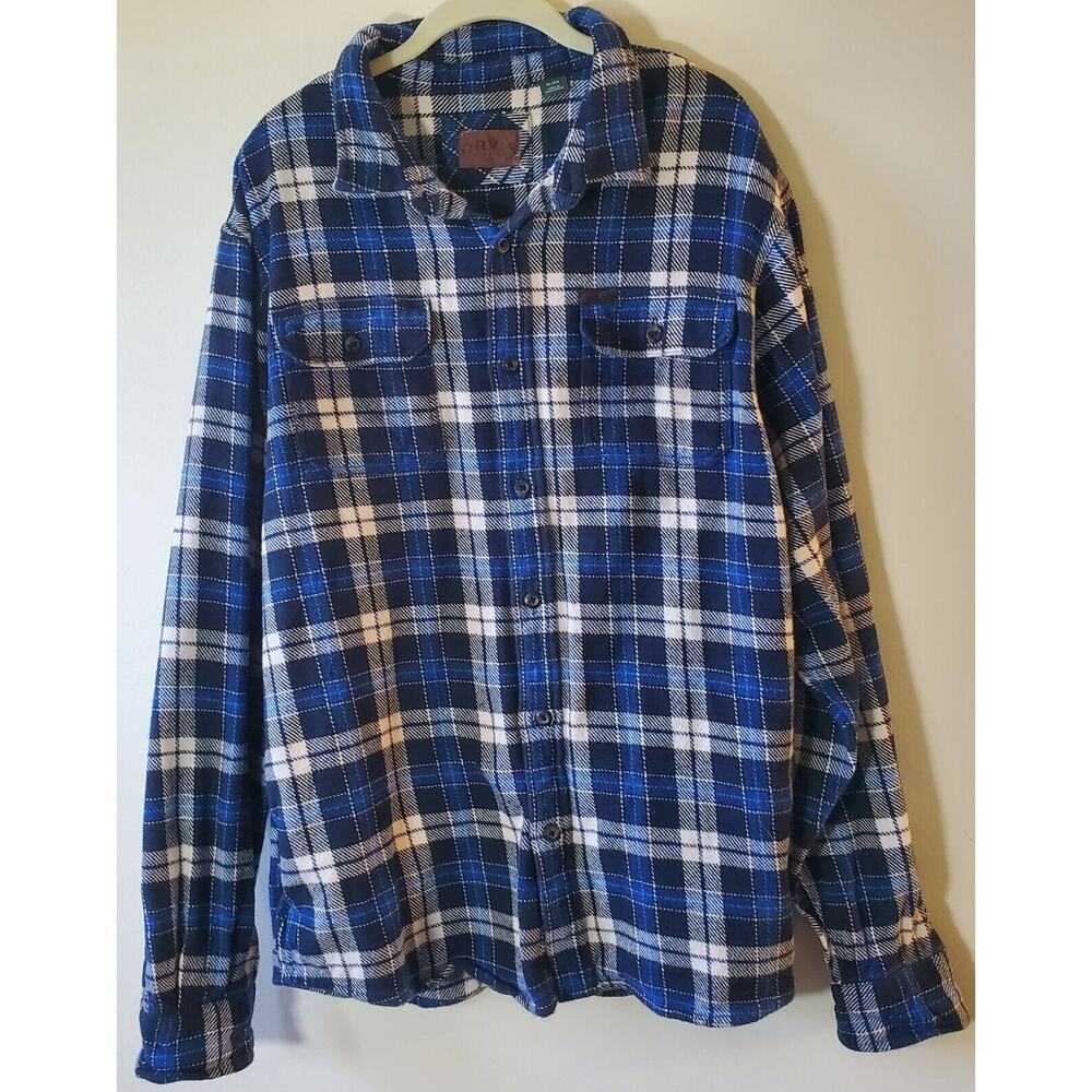 Orvis Flannel Shirt Jacket Mens XL Plaid Heavyweight Cotton Pockets Black Blue